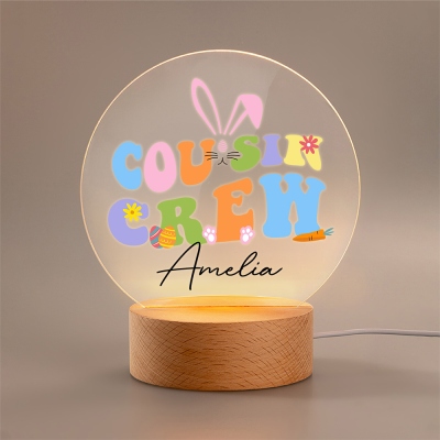 Customizable Easter Cousin Crew Night Light, Personalized LED Lamp with Names and Wooden Base