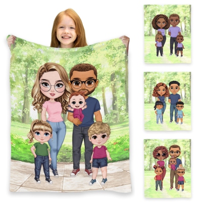 Personalized 2-5 Cute Cartoon Characters Family Blanket, Ultra-Soft Warm Fleece Sherpa Throw Blanket, Birthday/Housewarming Gift for Mom/Dad/Kid