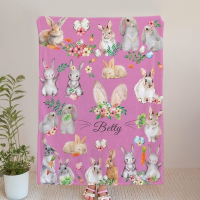 Personalized Name Floral Easter Bunny Blanket, Flannel/Sherpa Soft Bed Couch Throw, Rabbit Baby Blanket, Home Decor, Easter Gift for Kids/Boys/Girls