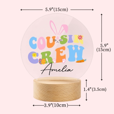 Customizable Easter Cousin Crew Night Light, Personalized LED Lamp with Names and Wooden Base