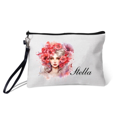 Personalized Name Anthropomorphic Birth Flower Cosmetic Bag, Flower Fairy Linen Makeup Pouch with Zipper & Wrist Strap, Gift for Her/Mom/Bridesmaids