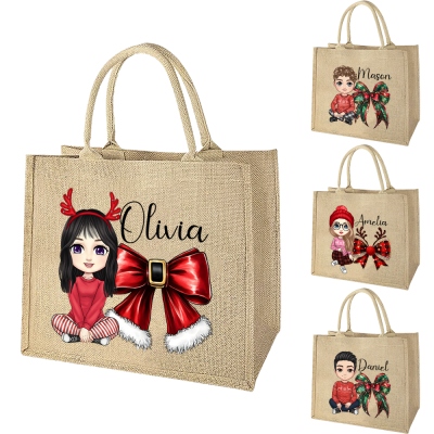 Personalized Cartoon Character Christmas Bow Tote Bag with Name, Large Capacity Jute Handbag, Christmas Party Favor, Christmas Gift for Family/Kids