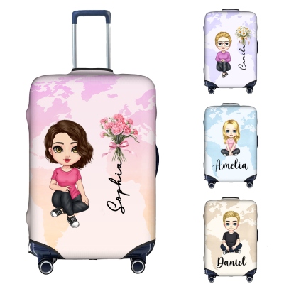 Custom World Map Cartoon Character Luggage Cover with Name & Birth Flower, Fit for 18-32 Inch, Travel Accessories, Birthday Gift for Family/Women/Men