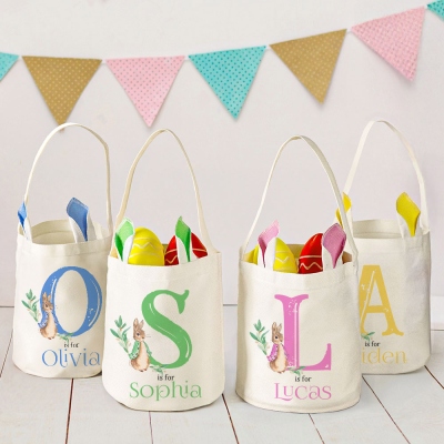 Custom Cute Peter Rabbit Bunny Ears Bucket Bag med Initial &amp; Namn, Happy Easter Egg Hunt Basket, Påsk Goodie Bag i bomullslinne, påskpresent för barn