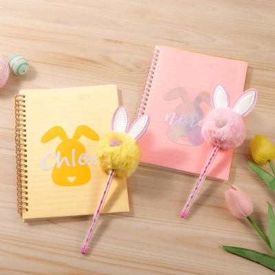 Custom Name Bunny Spiral Notebook with Pom Pom Pen, Easter Notebook and Pen Set, Easter Party Favor Basket Stuffer, Easter Gift for Kids/Boys/Girls