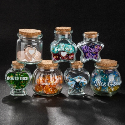 Personalized DND Glass Bottles for Dice Storage, Custom Name Corked Bottle for Dice Holder, Heart Shaped Glass Bottle for Dice Collection, Dice Bottle