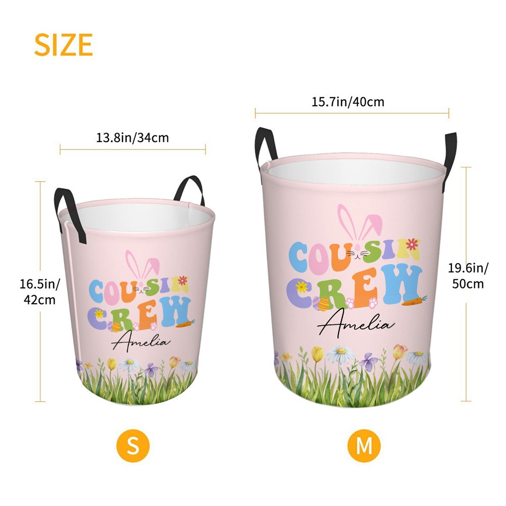 Personalized Cousin Crew Easter Laundry Basket Custom Name, Multicolor Durable Hamper for Clothes, Foldable Storage Bin for Family