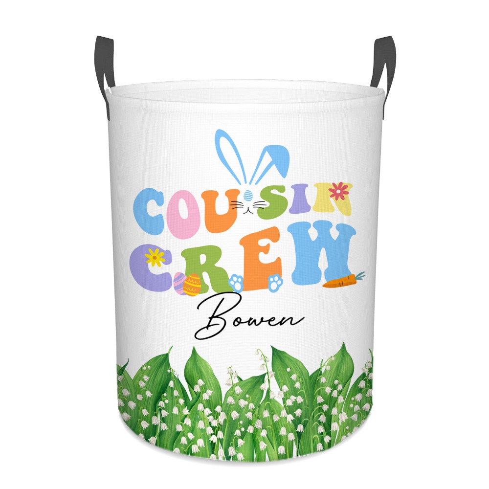 Personalized Cousin Crew Easter Laundry Basket Custom Name, Multicolor Durable Hamper for Clothes, Foldable Storage Bin for Family