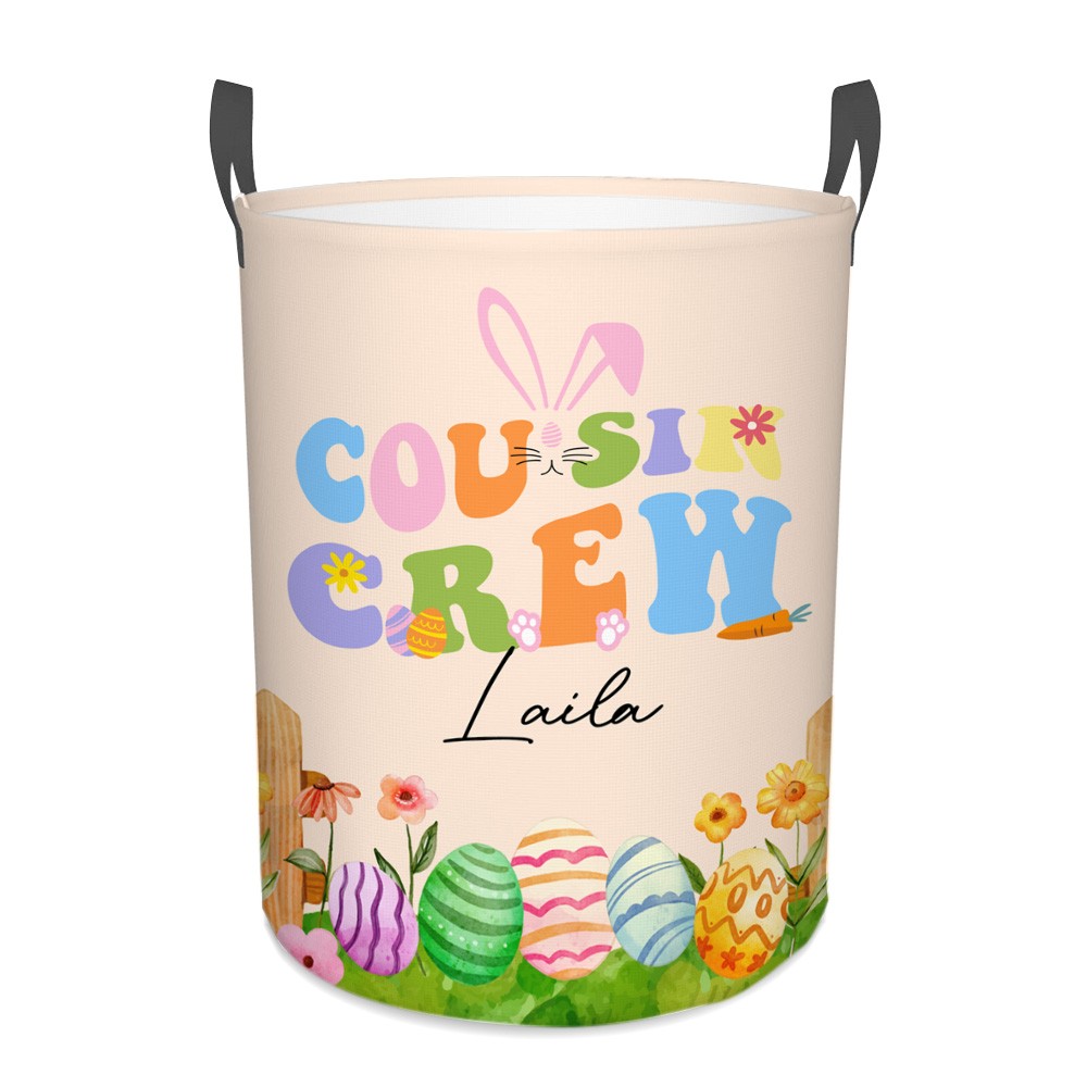 Personalized Cousin Crew Easter Laundry Basket Custom Name, Multicolor Durable Hamper for Clothes, Foldable Storage Bin for Family