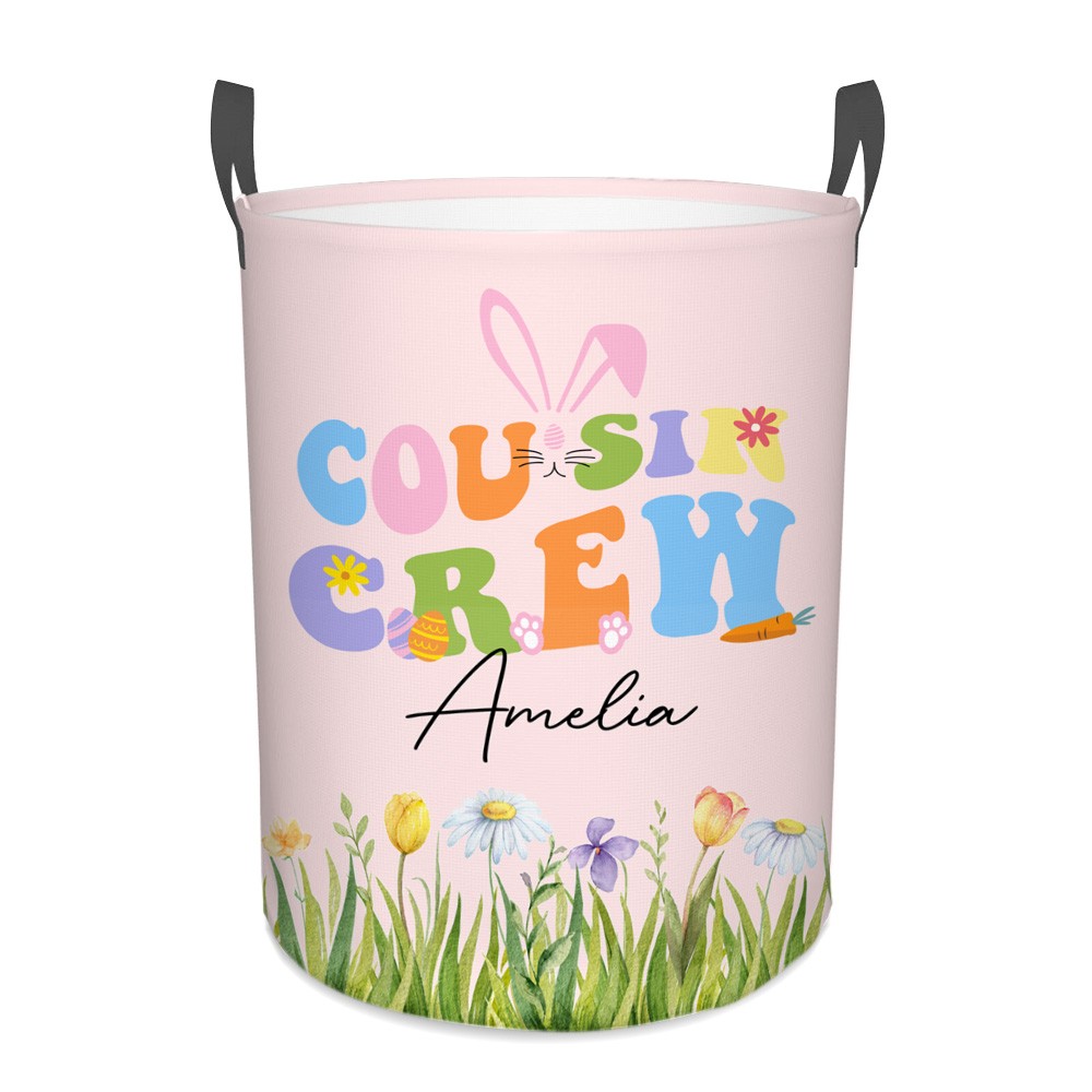 Personalized Cousin Crew Easter Laundry Basket Custom Name, Multicolor Durable Hamper for Clothes, Foldable Storage Bin for Family