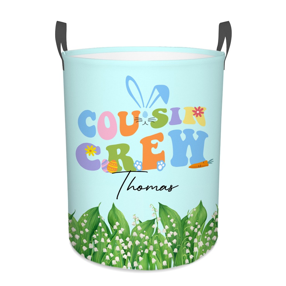 Personalized Cousin Crew Easter Laundry Basket Custom Name, Multicolor Durable Hamper for Clothes, Foldable Storage Bin for Family