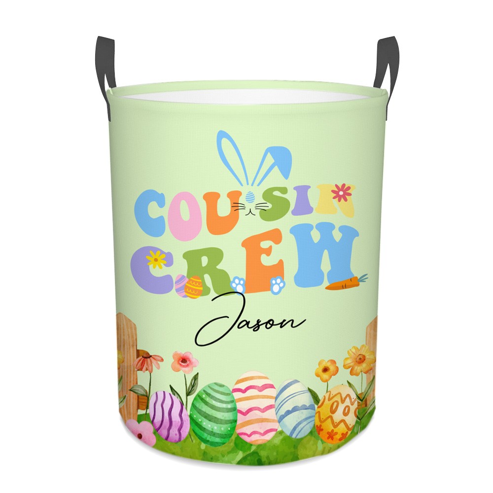 Personalized Cousin Crew Easter Laundry Basket Custom Name, Multicolor Durable Hamper for Clothes, Foldable Storage Bin for Family