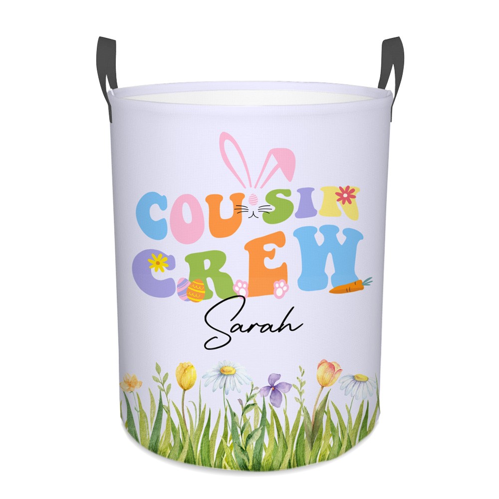 Personalized Cousin Crew Easter Laundry Basket Custom Name, Multicolor Durable Hamper for Clothes, Foldable Storage Bin for Family