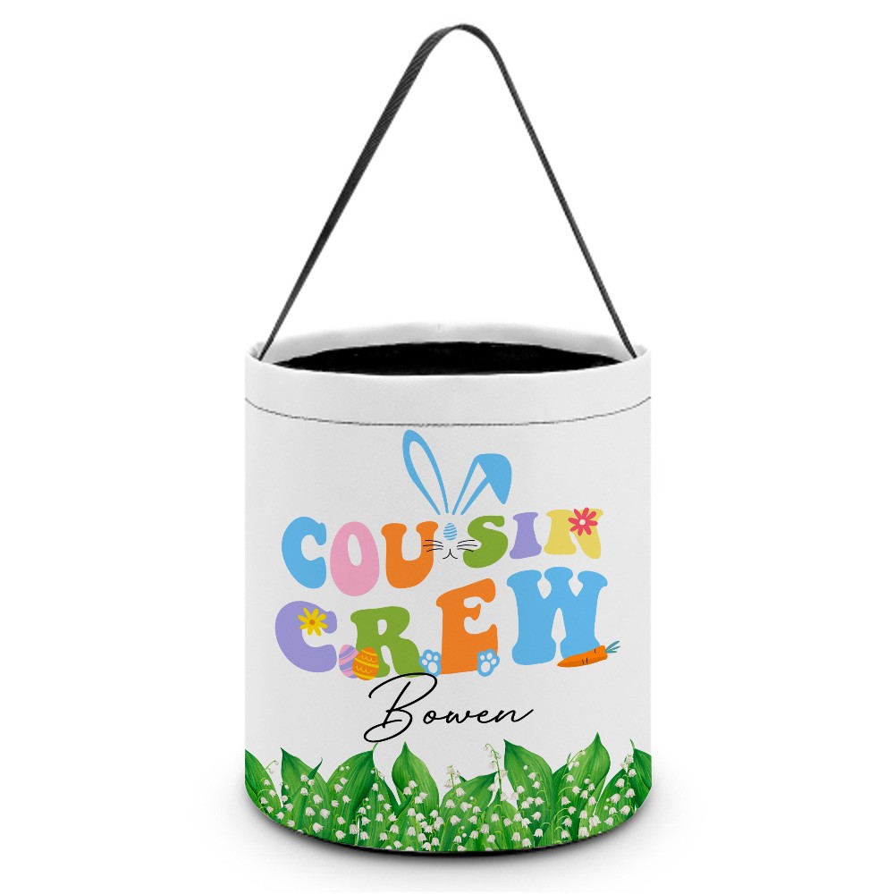 Personalized Cousin Crew Easter Basket Custom Name, Multicolor Handled Storage Basket for Easter Gifts, Family and Kids