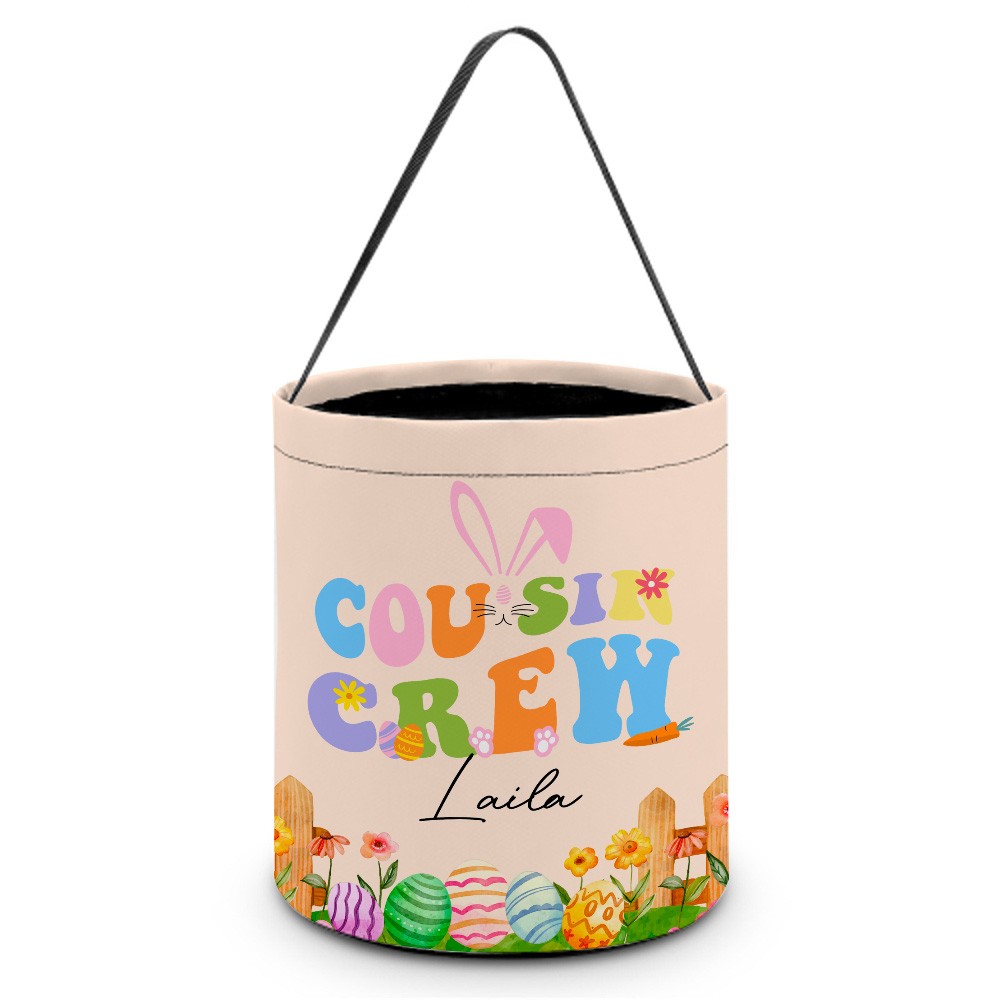 Personalized Cousin Crew Easter Basket Custom Name, Multicolor Handled Storage Basket for Easter Gifts, Family and Kids