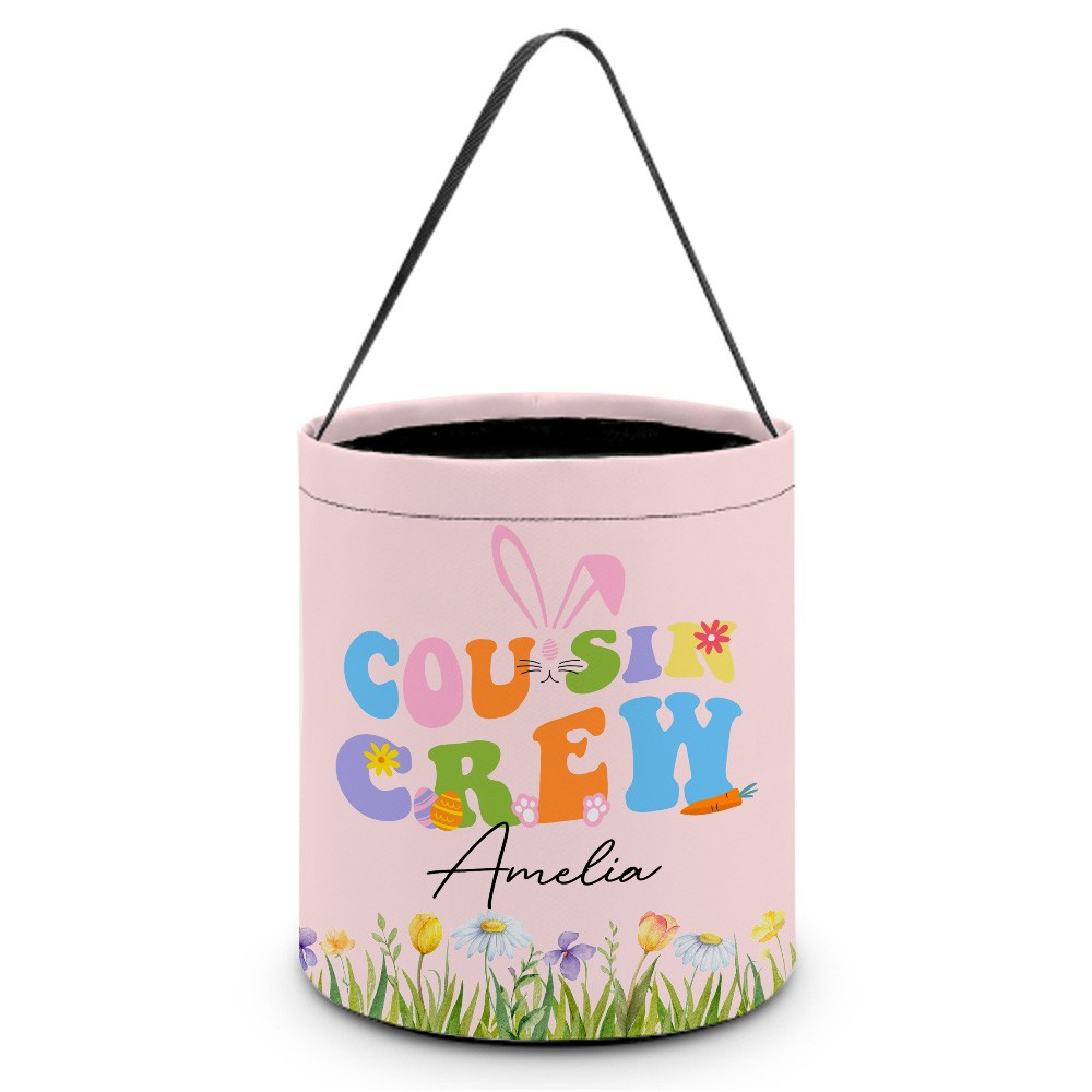 Personalized Cousin Crew Easter Basket Custom Name, Multicolor Handled Storage Basket for Easter Gifts, Family and Kids