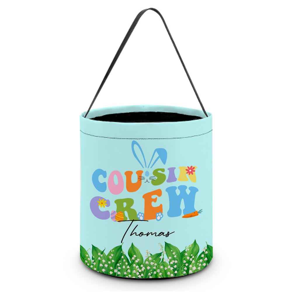 Personalized Cousin Crew Easter Basket Custom Name, Multicolor Handled Storage Basket for Easter Gifts, Family and Kids