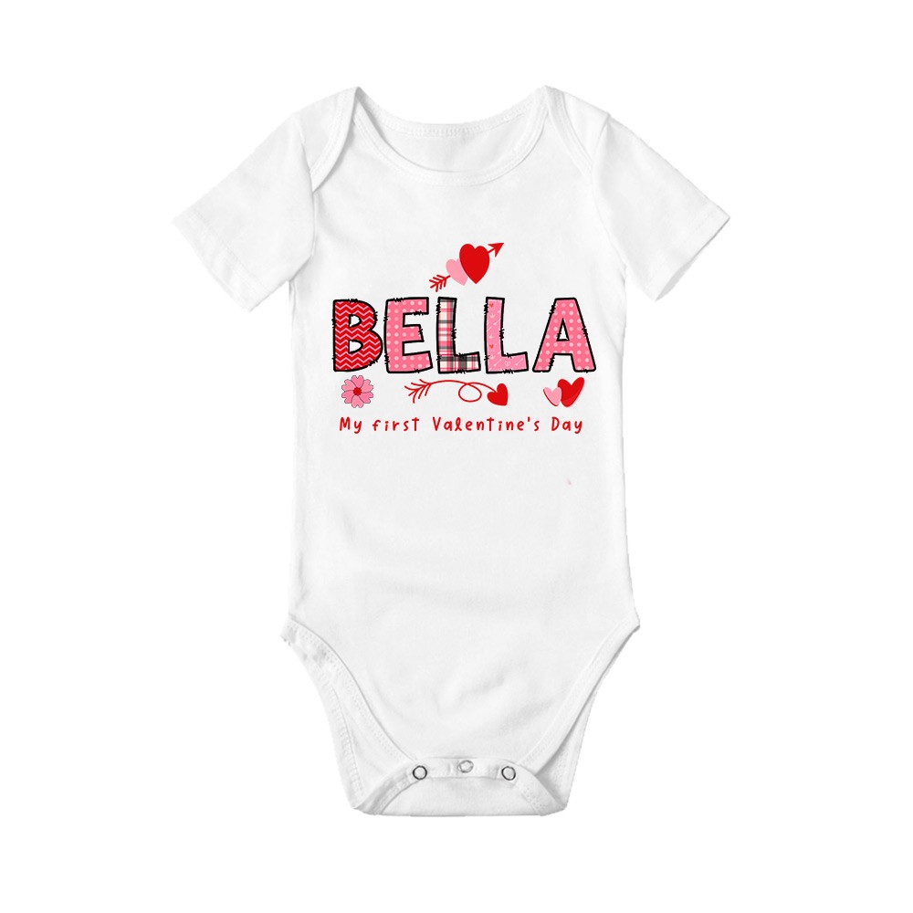 Personalized First Valentine's Day Long Short Sleeve Cotton Baby Onesie with Name, Cute Valentine's Day Gift for Newborn Infant Baby