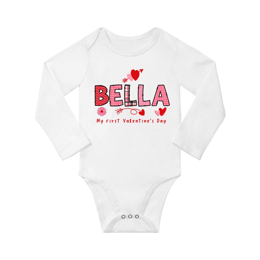 Personalized First Valentine's Day Long Short Sleeve Cotton Baby Onesie with Name, Cute Valentine's Day Gift for Newborn Infant Baby