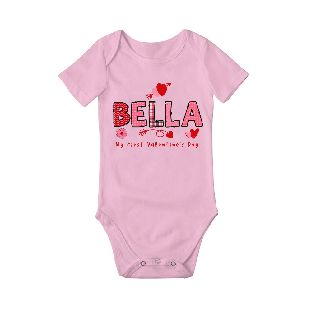 Personalized First Valentine's Day Long Short Sleeve Cotton Baby Onesie with Name, Cute Valentine's Day Gift for Newborn Infant Baby