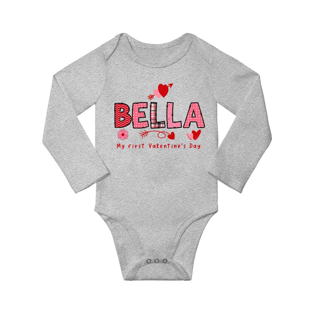 Personalized First Valentine's Day Long Short Sleeve Cotton Baby Onesie with Name, Cute Valentine's Day Gift for Newborn Infant Baby