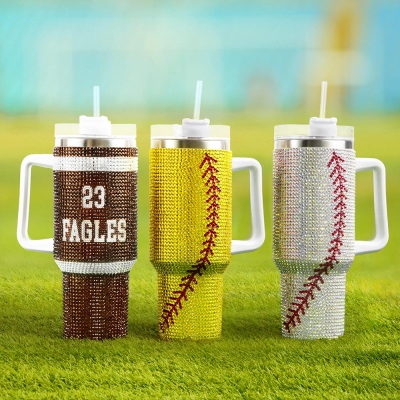 Custom Name and Number Rhinestone Sports Ball Tumbler, 40oz Sparkle Bling Tumbler Cup with Handle and Straw, Gift for Sports Lovers/Players/Coaches