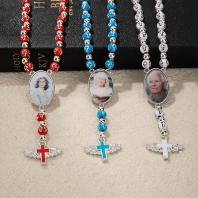 Personalized Photo Cross Rosary Beaded Necklace with Angel Wings, Custom Picture Crucifix Necklace, Memorial Jewelry, Christian Gift for Family/Friend