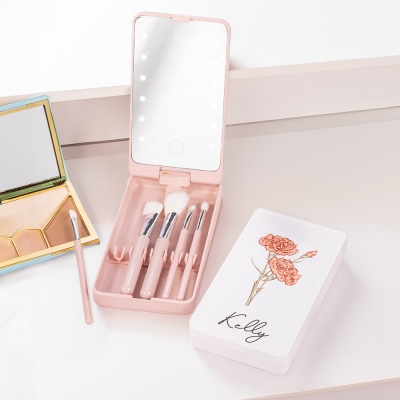 Custom Name Birth Flower Makeup Brush Set with LED Light Mirror, Travel Makeup Case Brushes, Birthday/Mother's Day/Wedding Gift for Her/Mom/Bridesmaid