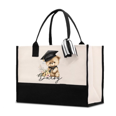 Personalized Name Bear with Graduation Hat Tote Bag, Large Capacity Canvas Handbag, Graduation Party Favor, Gift for Graduates/Students/Family/Friends