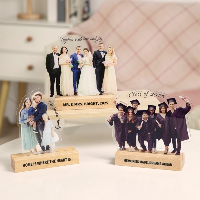 Statuetta con foto di famiglia personalizzata, cartello con ritratto di famiglia in acrilico personalizzato con base in legno, regalo di compleanno/anniversario/Natale per la famiglia