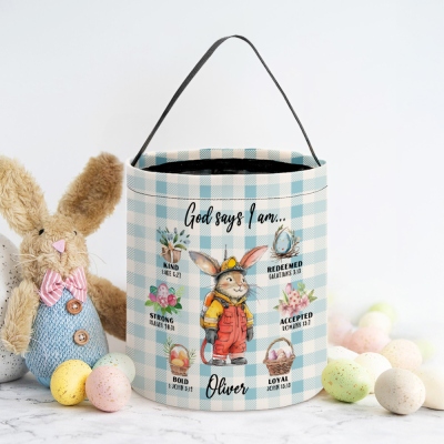 Personalized Cartoon Career Bunny Easter Basket with Name, God Says I Am Kind Bucket Bag, Reusable Large Capacity Basket, Easter Party Gift for Kids