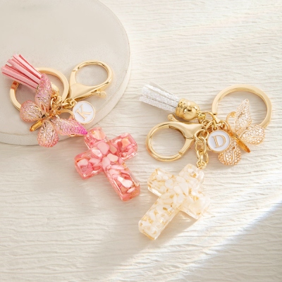 Custom Initial Resin Cross Keychain with Tassel & Butterfly Charm, Christian Cross Keyring, Bag Accessory, Birthday/Christmas Gift for Women/Girls