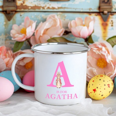 Personalized Initial Pastel Bunny Enamel Mug with Name, 12oz Cup with Handle, Tin Camping Mug, Easter Party Favor, Easter Gift for Kids/Boys/Girls