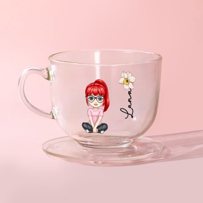 Personalized Name Birth Flower Cartoon Character Coffee Mug, Insulated Glass Cup with Handle & Coaster, Birthday/Anniversary Gift for Women/Girls