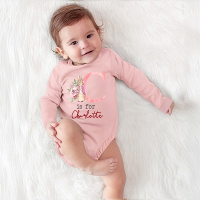 Personalized Initial Floral Bunny Baby Bodysuit with Name, Cotton Long Sleeve Baby Onesie, Easter Outfit, Baby Shower/Easter Gift for Newborns/Infants