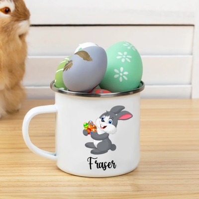 Personalized Name Easter Bunny 11oz Enamel Mug, Hot Cocoa Coffee Mug, Easter Basket Stuffer, Easter Party Decor, Easter Gift for Kid/Girl/Boy/Toddler