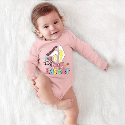 Custom Name Bunny with Bow Baby's First Easter Bodysuit, Cotton Long Sleeve Baby Onesie, Easter Outfit, Baby Shower/Easter Gift for Newborns/Infants