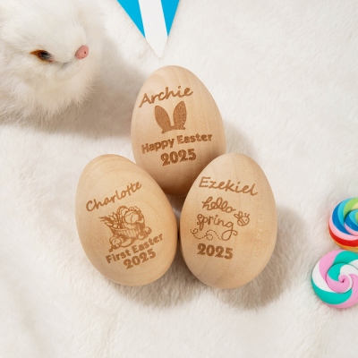 Personalized Engraved Name Happy Easter Egg 2025, Wooden Musical Egg Shaker, Easter Basket Filler, Easter Egg Hunt Favor, Easter Gift for Kids