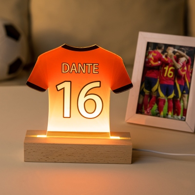 Custom Name & Number Soccer Jersey Night Light, Soccer Shirt LED Acrylic Lamp with Wooden Base, Kids' Room Decor, Birthday Gift for Boys/Sports Fans