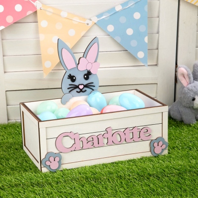 Personalized Cartoon Bunny Easter Egg Storage Box with Name, Easter Candy Cookie Box Wooden Container, Party Decor, Easter Gift for Kids/Boys/Girls