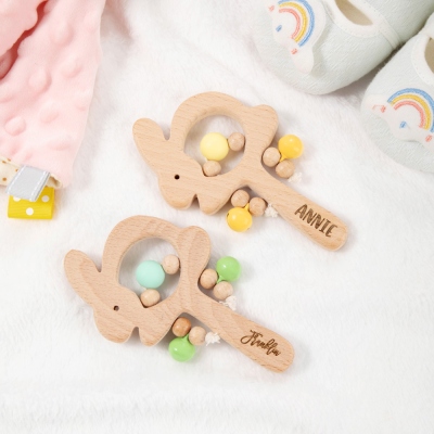 Personalized Name Engraved Baby Rattle, Bunny Shaped Wooden Handbell Rattle, Baby's Sensory Toy, Birthday/Easter/Baby Shower Gift for Newborns/Infants