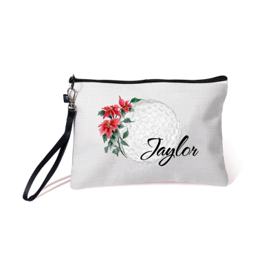 Personalized Birth Flower & Name Golf Cosmetic Bag, Custom Flax Sports Makeup Bag, Sports Accessory, Sports Gift for Golf Team/Player/Coach