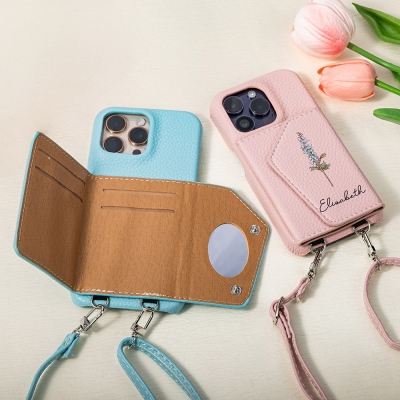 Custom Name Birth Flower Crossbody Phone Case for iPhone, Leather Phone Card Holder with Adjustable Strap, Birthday/Mother's Day Gift for Women/Girls