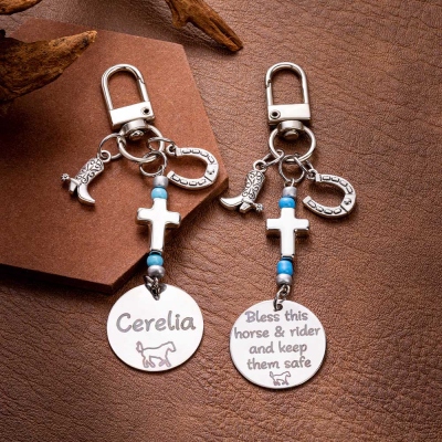 Custom Name Cross Bridle Charm Keychain, Bless This Horse & Rider And Keep Them Safe Saddle Charm with Boot & Horseshoe, Gift for Horse Lovers