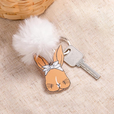 Personalized Photo & Name Rabbit Face Marking Keychain, Custom Cute Bunny Keyring with Birthmark & Pom Pom, Easter Gift for Rabbit Lovers/Women/Girls