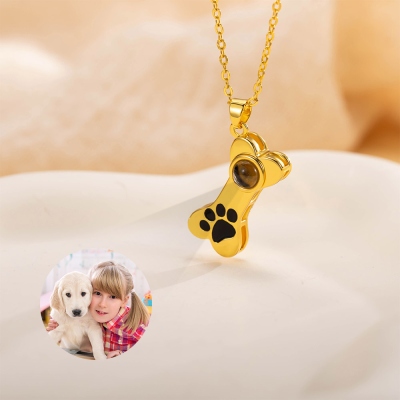 Custom Name & Photo Dog Bone Projection Necklace with Paw Print, Sterling Silver 925 Pet Memorial Jewelry, Sympathy Gift for Dog Parents/Pet Lovers