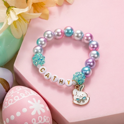 Custom Name Beaded Bracelet with Enamel Bunny Charm, Colorful Easter Bunny Bracelet, Easter Basket Stuffer, Birthday/Easter Gift for Her/Girls/Friends