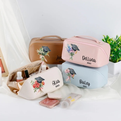 Custom Name Graduation Cap Birth Flower Travel Makeup Bag, Open Flat Leather Cosmetic Bag with Divider & Handle, Graduation Gift for Her/Family/Friend