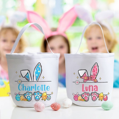 Custom Name Cartoon Bunny Ears Easter Basket, Easter Egg Hunt Bucket Bag, Waterproof Large Capacity Canvas Goodie Bag, Easter Gift for Kids/Boys/Girls