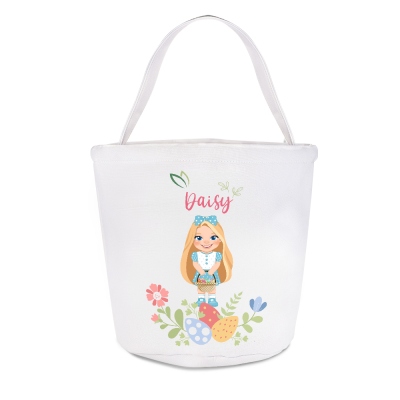 Custom Name Cartoon Floral Girl Character Easter Basket, Easter Egg Hunt Bucket Bag, Large Capacity Canvas Goodie Bag, Easter Gift for Kids/Girls